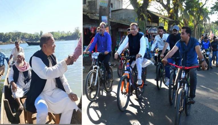 ডিঙ্গি নৌকায় নদী পার হয়ে সাইকেল চালিয়ে নির্বাচনী প্রচার শুরু করলেন হাছান মাহমুদ